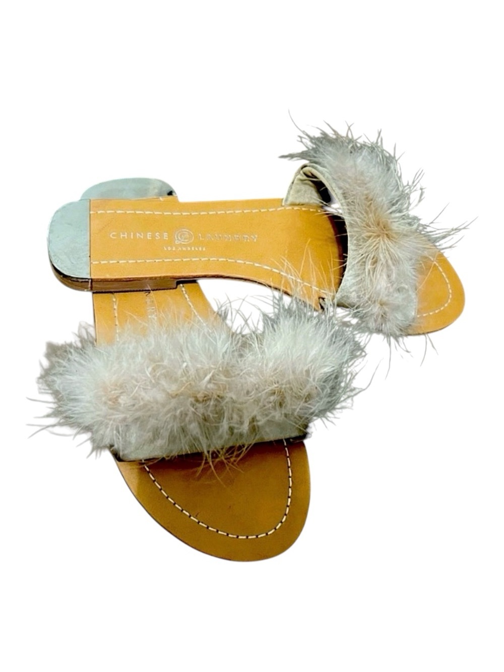 Chinese Laundry Zoey Tan Marabou Feather Slide Sandals Size 5.5 NWT